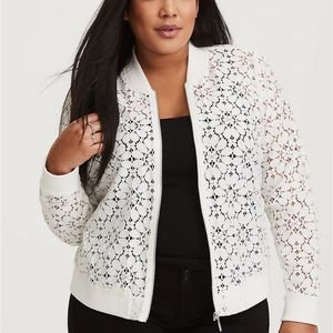 Torrid White Sheer Lace Bomber Jacket